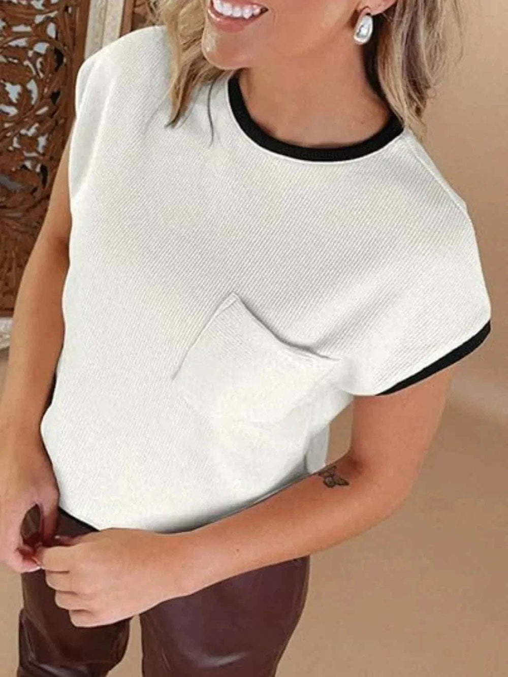 Contrast Trim Round Neck Cap Sleeve Top - Trendsi - Flyclothing LLC
