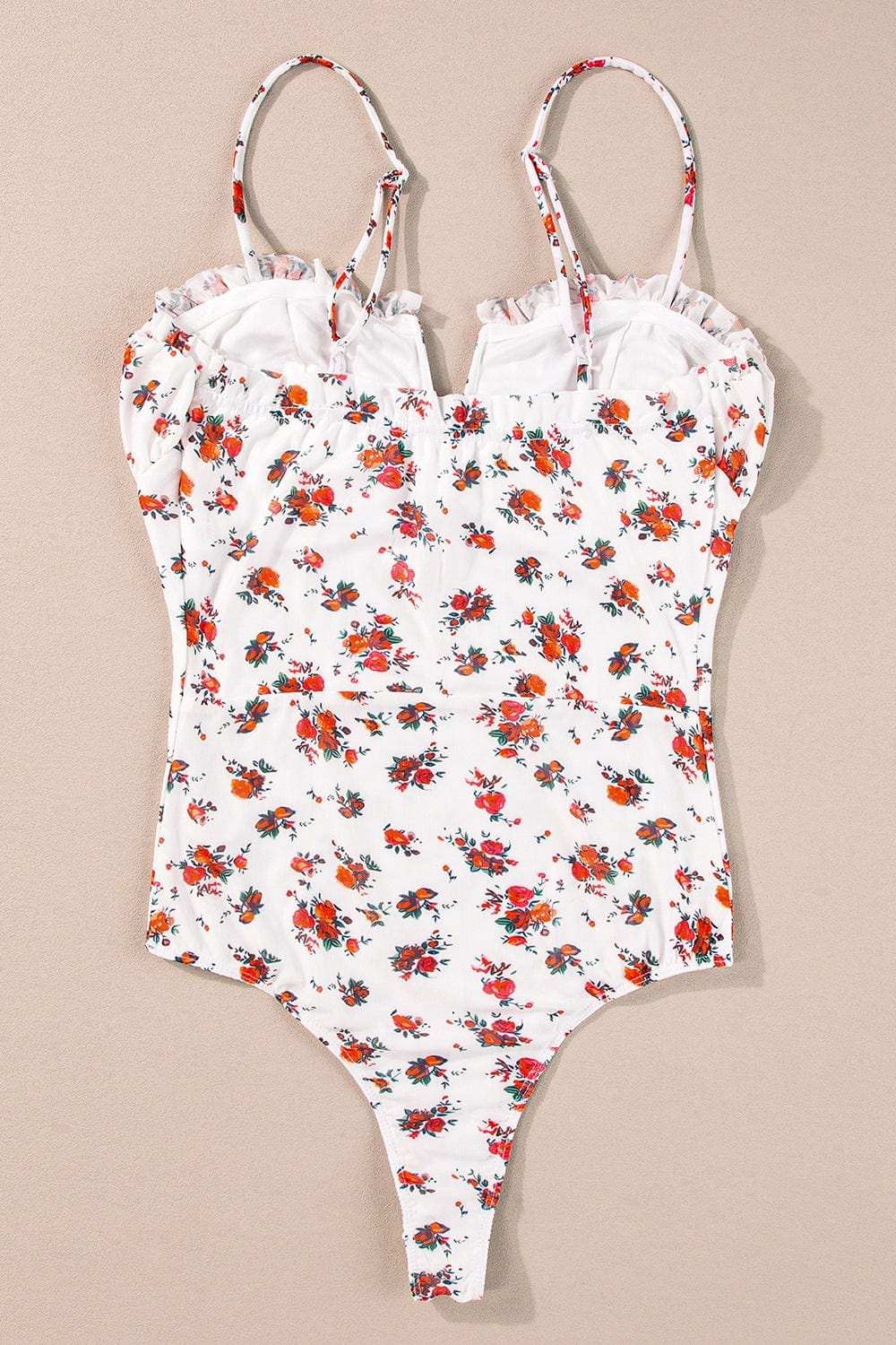 Floral Frilled Trim Spaghetti Straps Bodysuit - Trendsi - Flyclothing LLC