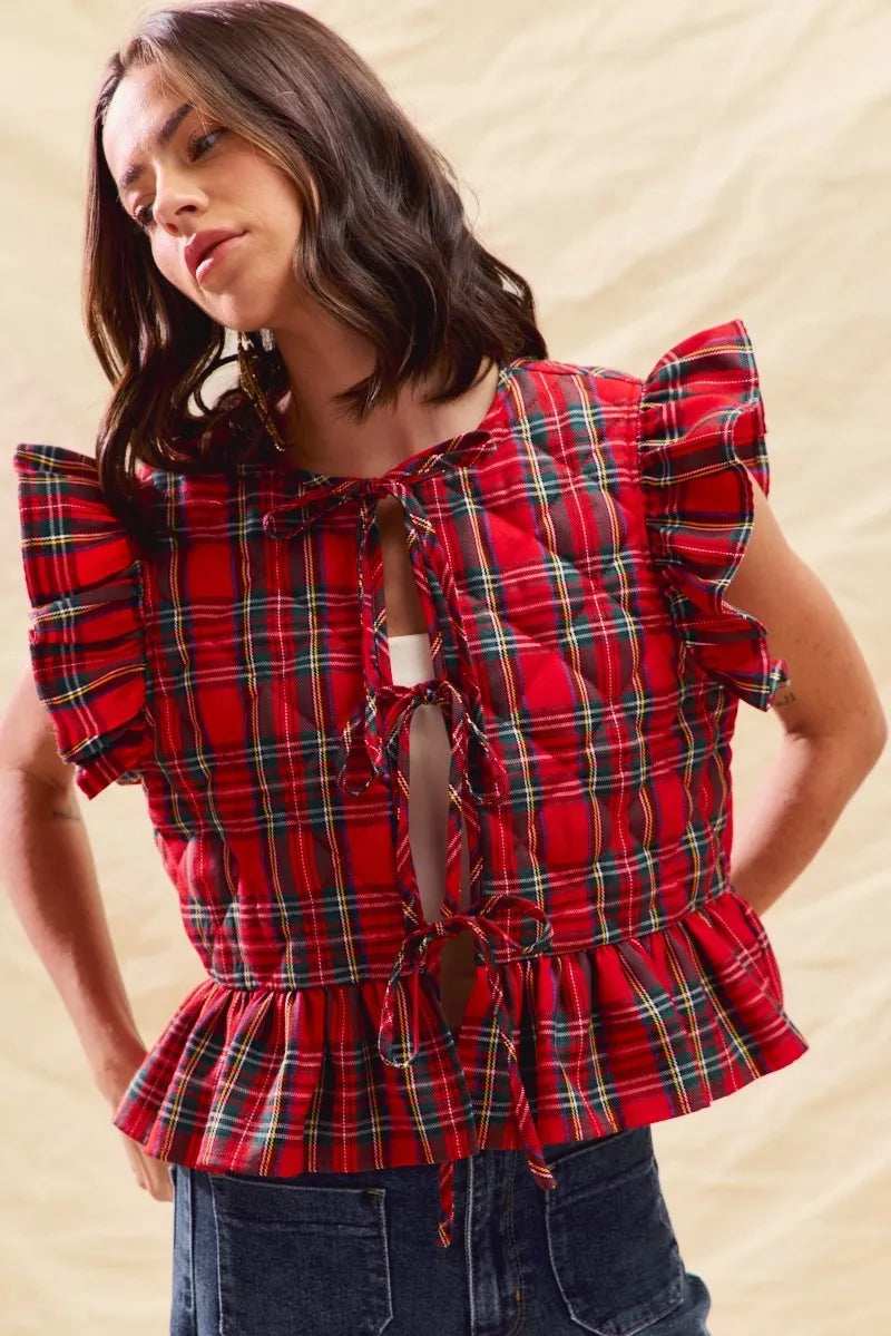 SO ME Christmas Holiday Plaid Ruffled Quilt Vest Top - Trendsi - Flyclothing LLC
