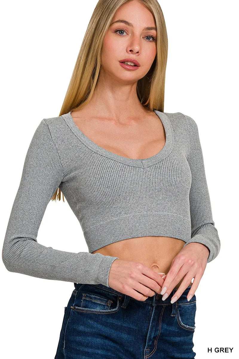 Zenana Seamless Fitted Rib V-neck Long Sleeve Crop Top - Trendsi - Flyclothing LLC