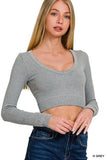 Zenana Seamless Fitted Rib V-neck Long Sleeve Crop Top - Trendsi - Flyclothing LLC