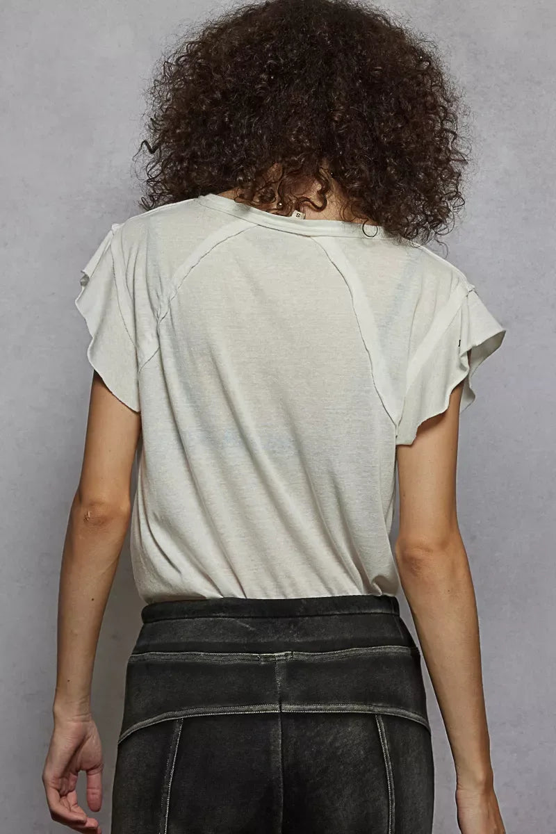 POL V-Neck Short Sleeve T-Shirt with Ruffle Sleeve - Trendsi - Flyclothing LLC