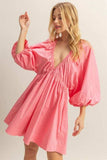 HYFVE Plunge Balloon Sleeve Poplin Mini Dress with Pockets - Trendsi - Flyclothing LLC