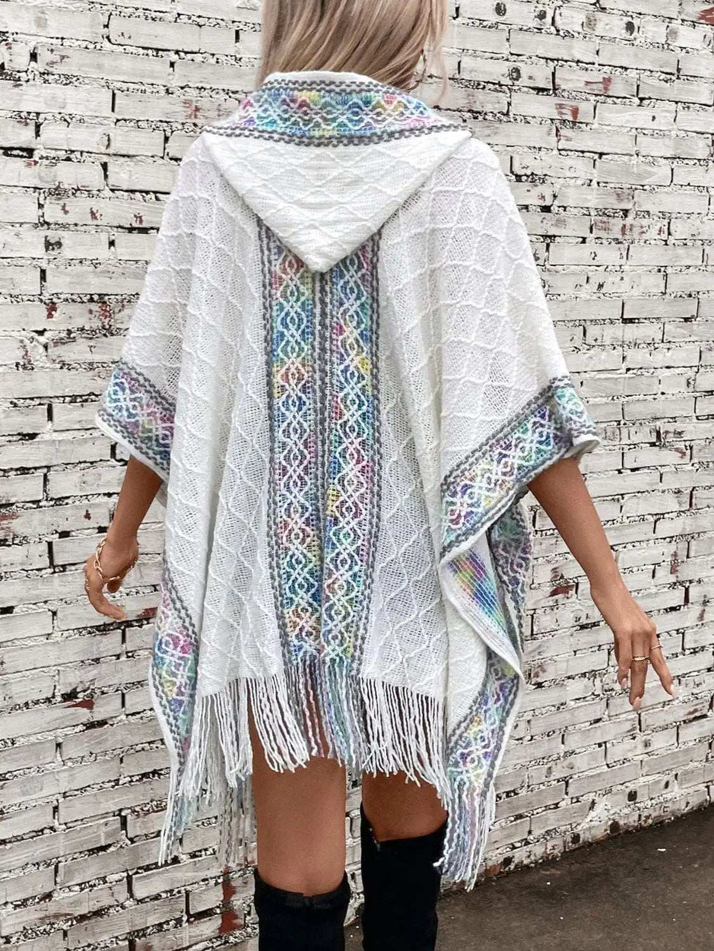 Fringe Half Sleeve Hooded Poncho - Trendsi - Flyclothing LLC