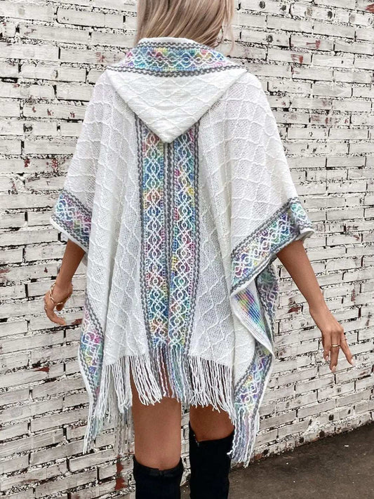 Fringe Half Sleeve Hooded Poncho - Trendsi - Flyclothing LLC