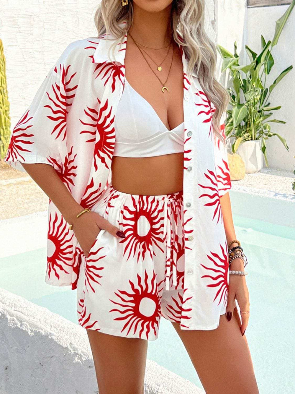 Devine Printed Collared Neck Half Sleeve Top and Shorts Set - Trendsi - Flyclothing LLC