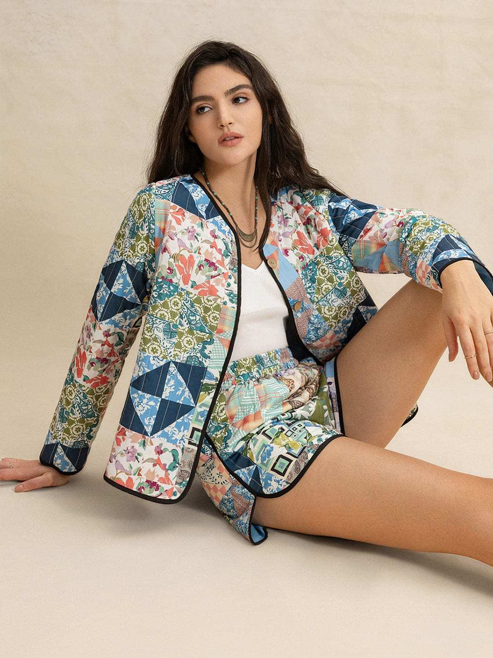 Printed Button Up Long Sleeve Outerwear and Shorts Set - Trendsi - Flyclothing LLC