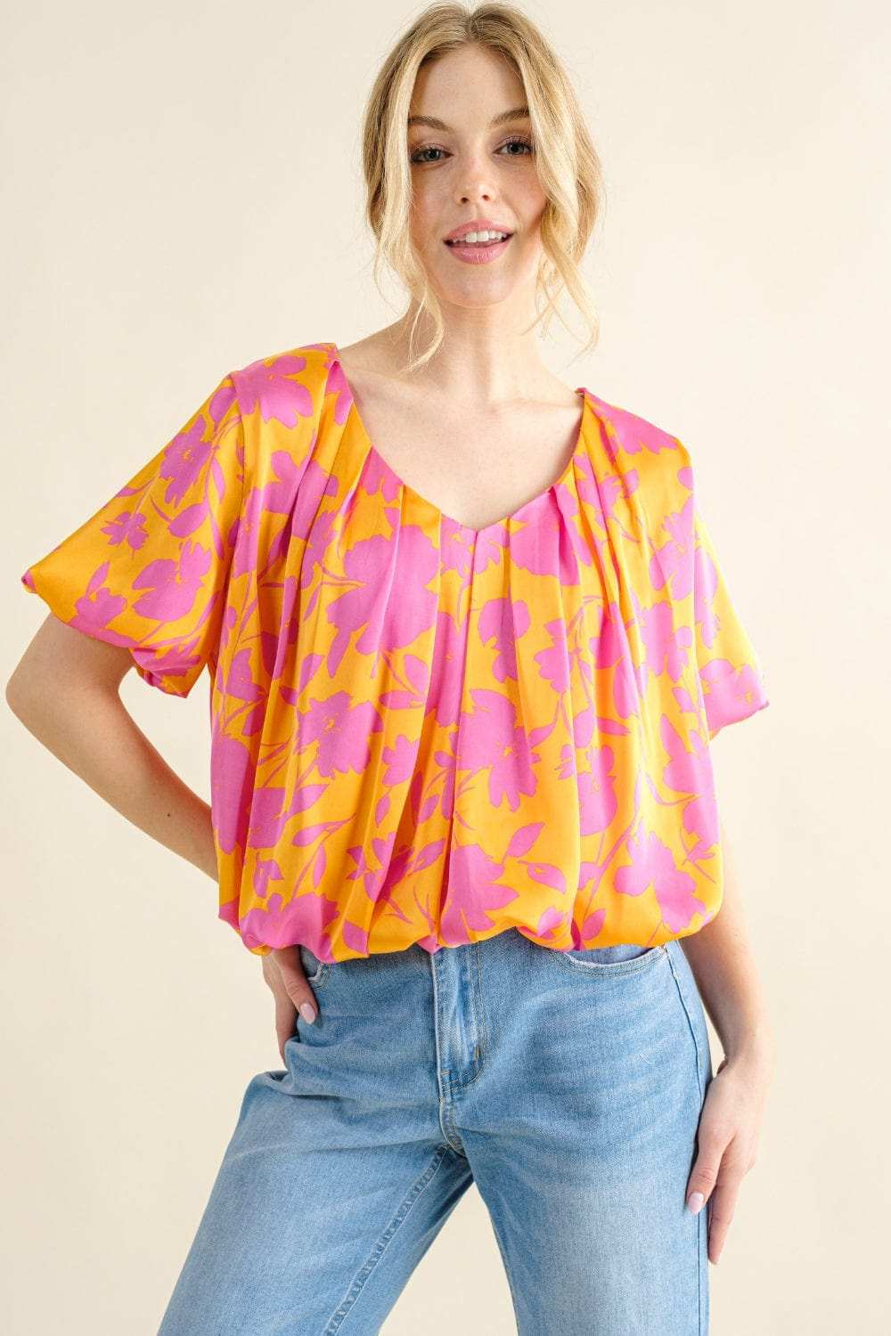 And The Why Full Size Printed Satin Bubble Hem Top - Trendsi - Flyclothing LLC
