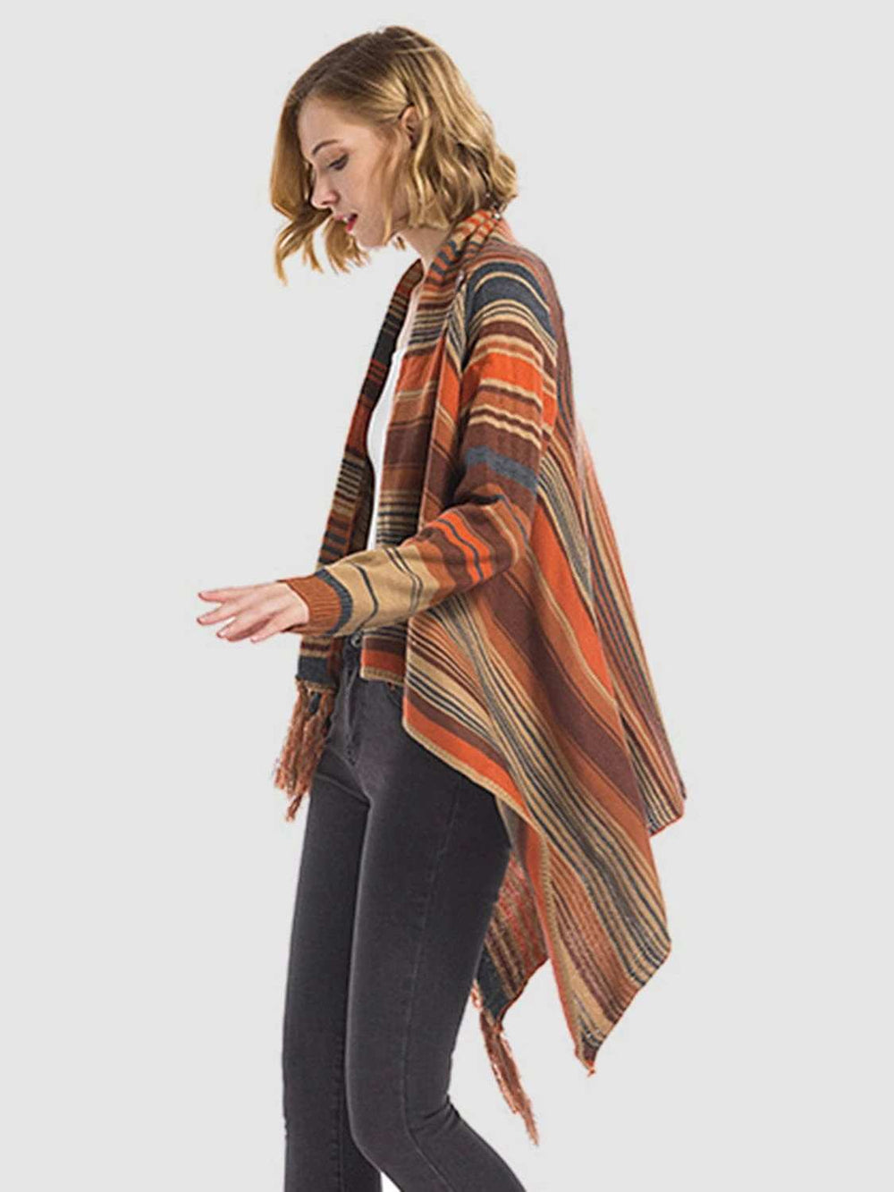 Angel Wings Tassel Striped Open Front Long Sleeve Cardigan - Trendsi - Flyclothing LLC