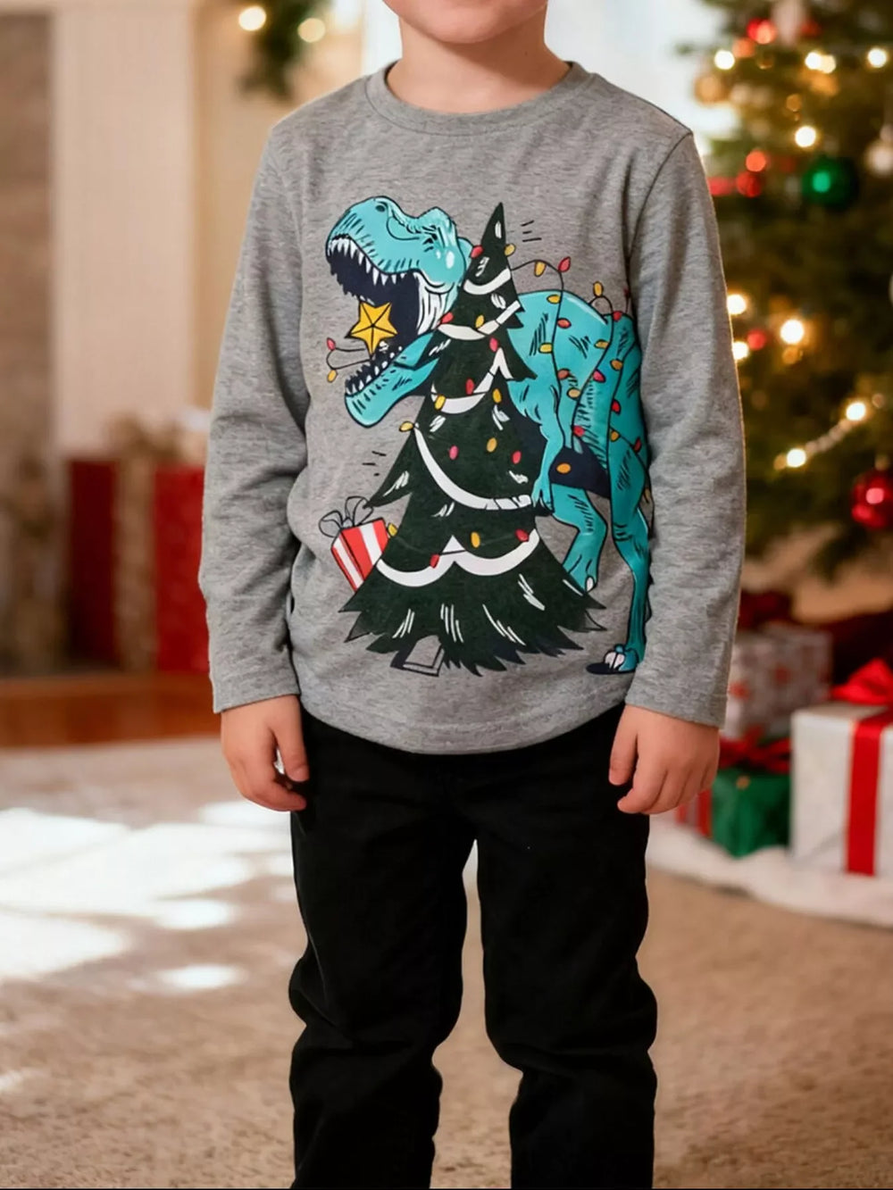 Children's Dinosaur Christmas Tree Graphic Long Sleeve T-Shirt - Trendsi - Flyclothing LLC