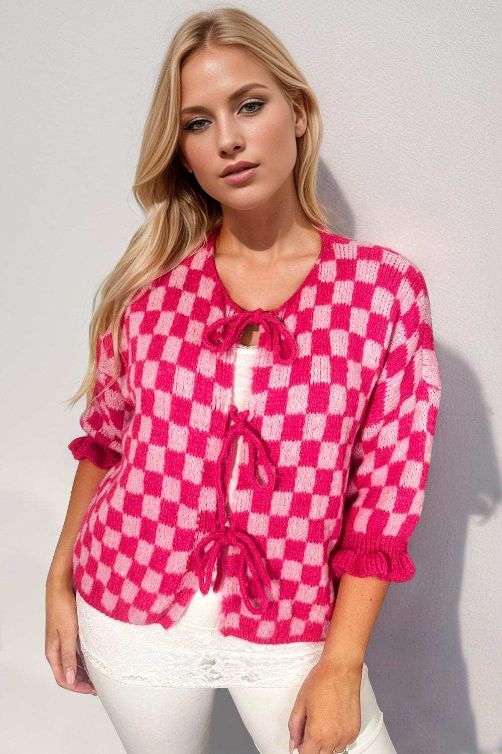 Double Take Tied Checkered Dropped Shoulder Flounce Sleeve Cardigan - Trendsi - Flyclothing LLC