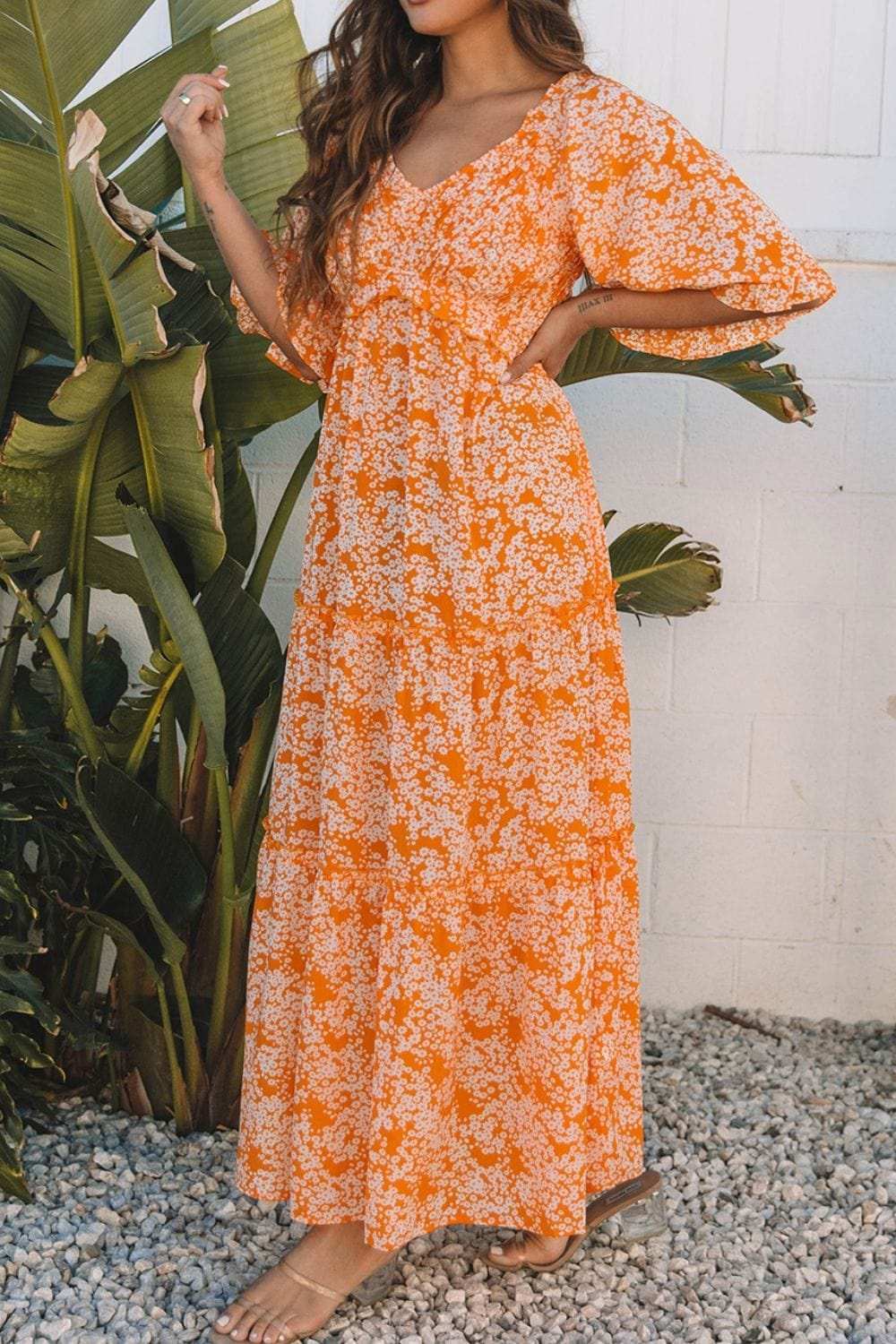 Floral Print Smocked V Neck Wide Sleeve Maxi Dress - Trendsi - Flyclothing LLC
