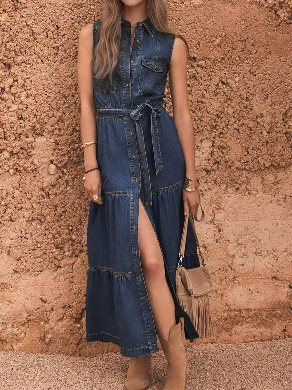 Button Front Sleeveless Denim Dress - Trendsi - Flyclothing LLC
