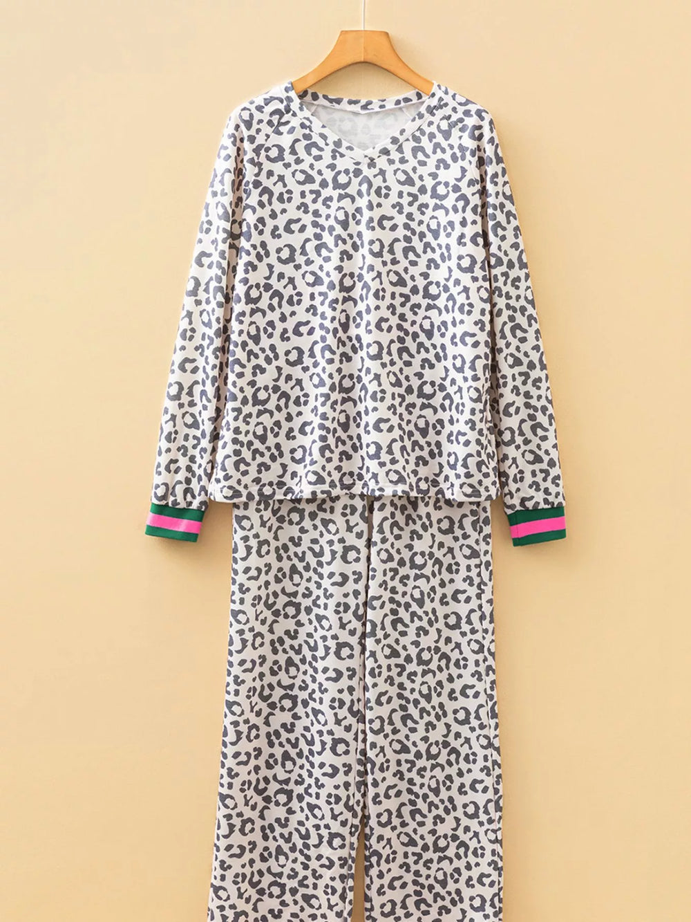 V Neck Leopard Long Sleeve Top Striped Webbing Patchwork Drawstring Pant Set - Trendsi - Flyclothing LLC