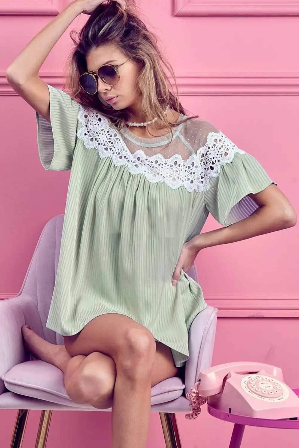 BiBi Lace Detail Short Sleeve Striped Blouse - Trendsi - Flyclothing LLC