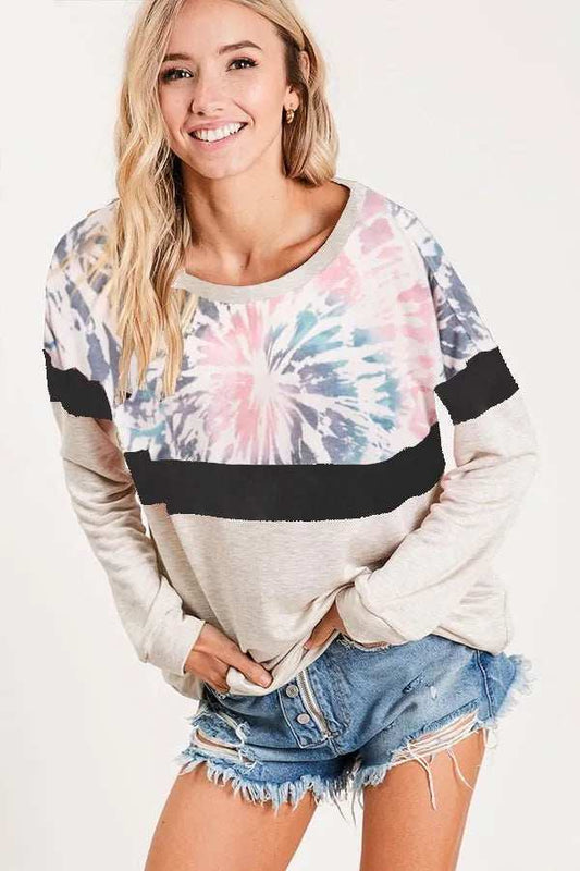 BiBi Mix And Match Color French Terry Wide Neck Top - Trendsi - Flyclothing LLC