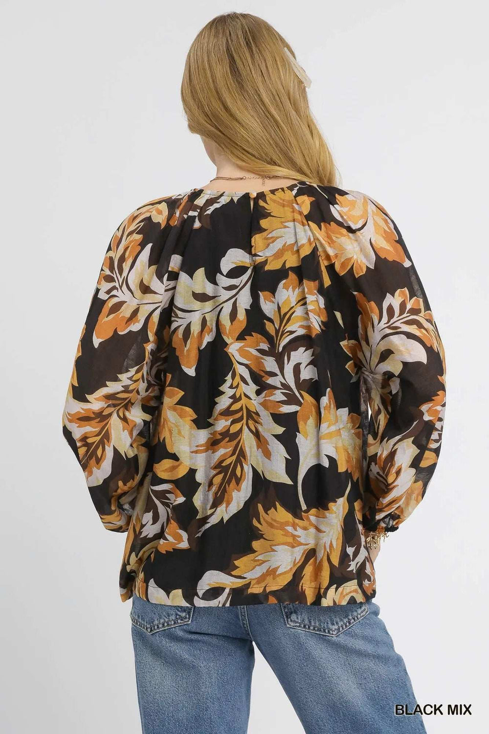 Umgee Autumn Leaf Print Balloon Sleeve Blouse - Trendsi - Flyclothing LLC