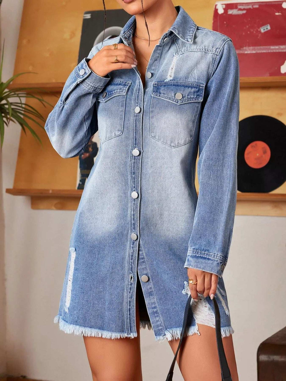 Distressed Raw Hem Denim Mini Dress - Trendsi - Flyclothing LLC