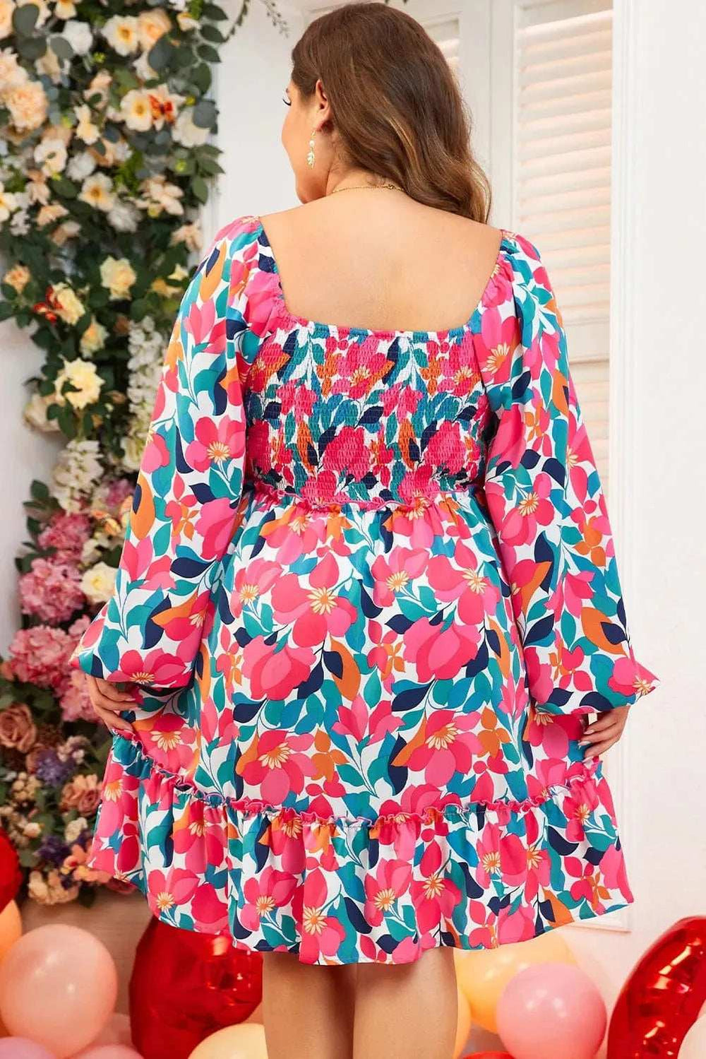 Plus Size Smocked Floral Square Neck Balloon Sleeve Dress - Trendsi - Flyclothing LLC