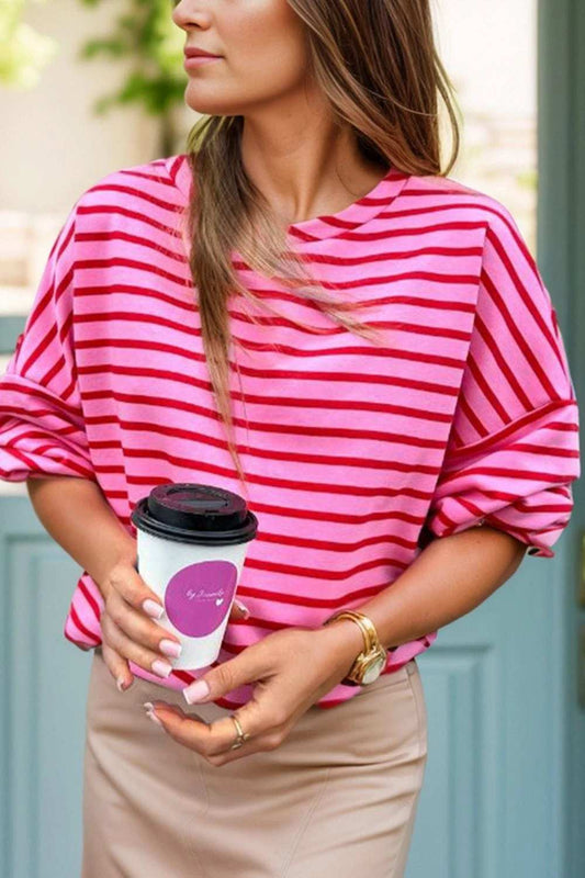Striped Round Neck Long Sleeve Sweatshirt - Trendsi - Flyclothing LLC
