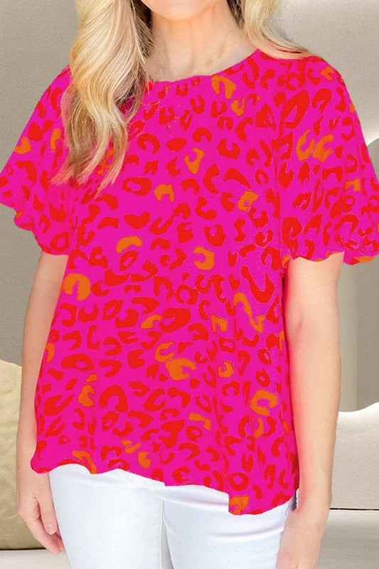 Leopard Round Neck Short Sleeve Blouse - Trendsi - Flyclothing LLC