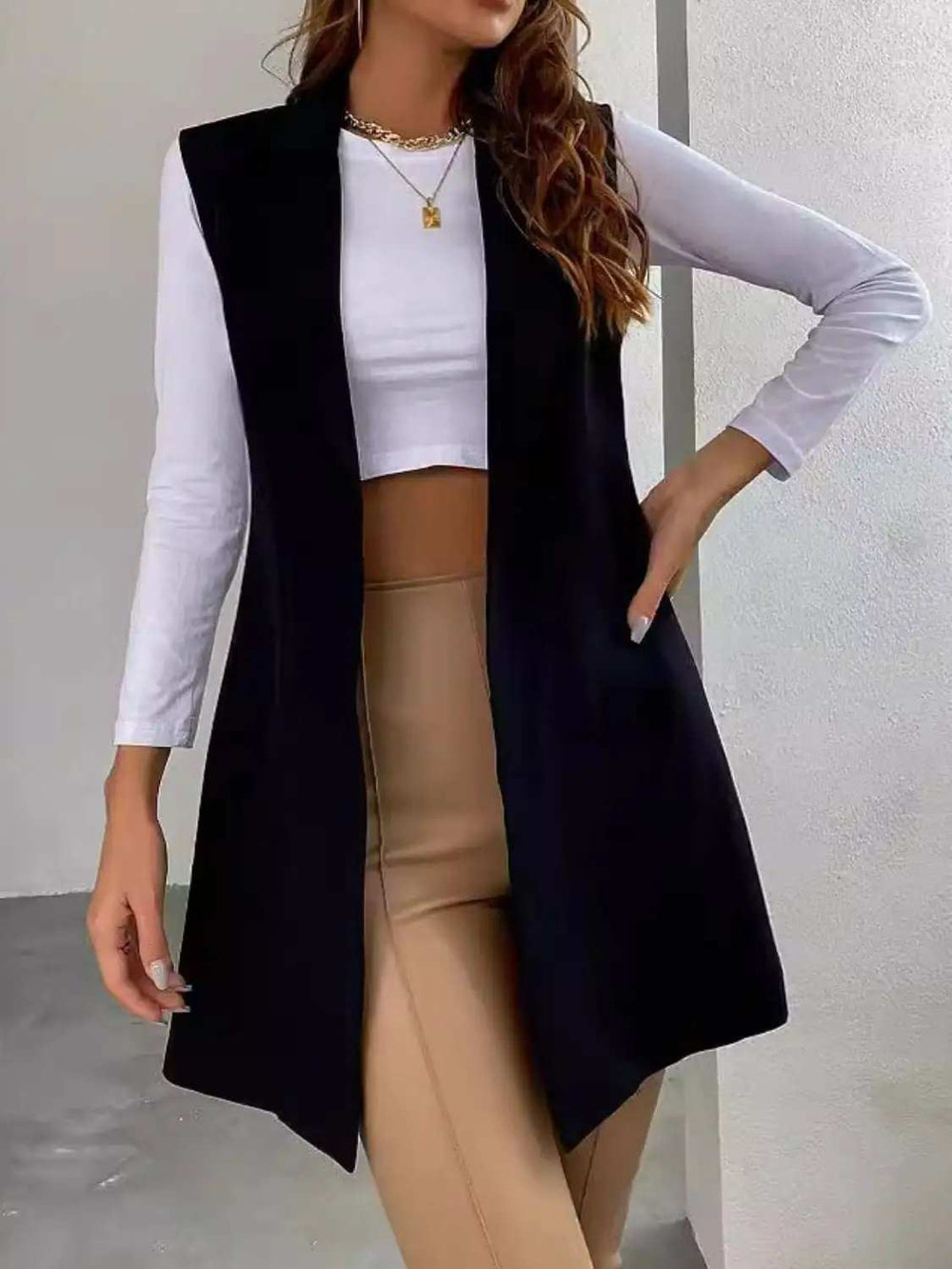 Open Front Longline Vest Coat - Trendsi - Flyclothing LLC
