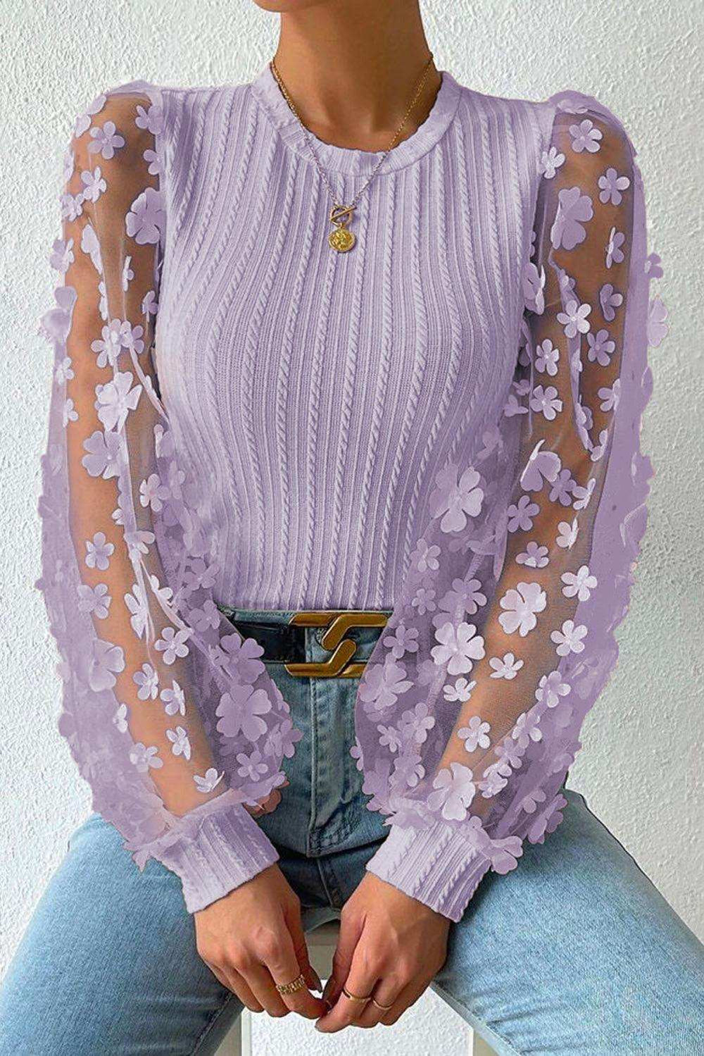 Textured Applique Long Sleeve Blouse - Trendsi - Flyclothing LLC