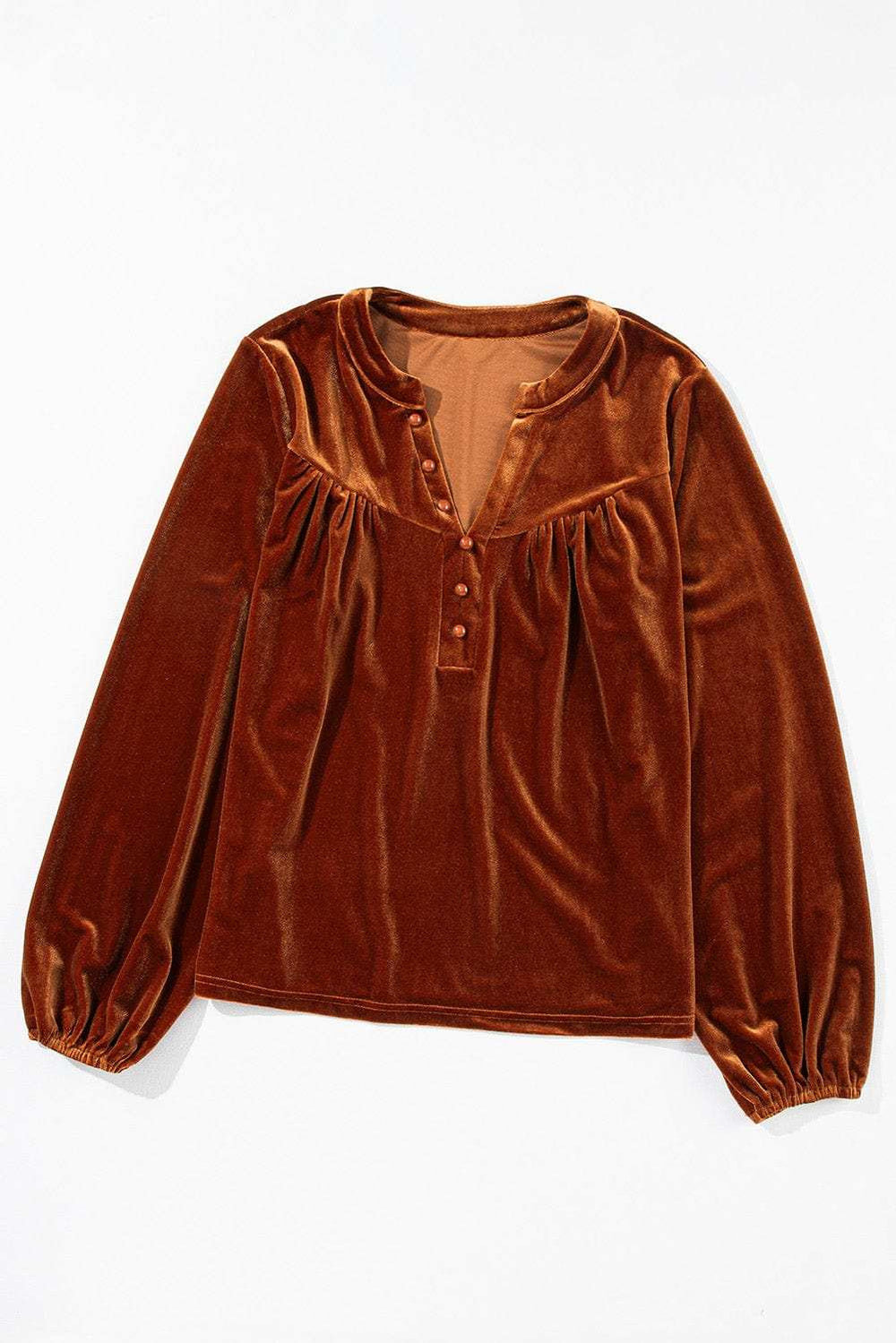 Notched Long Sleeve Velvet Top - Trendsi - Flyclothing LLC