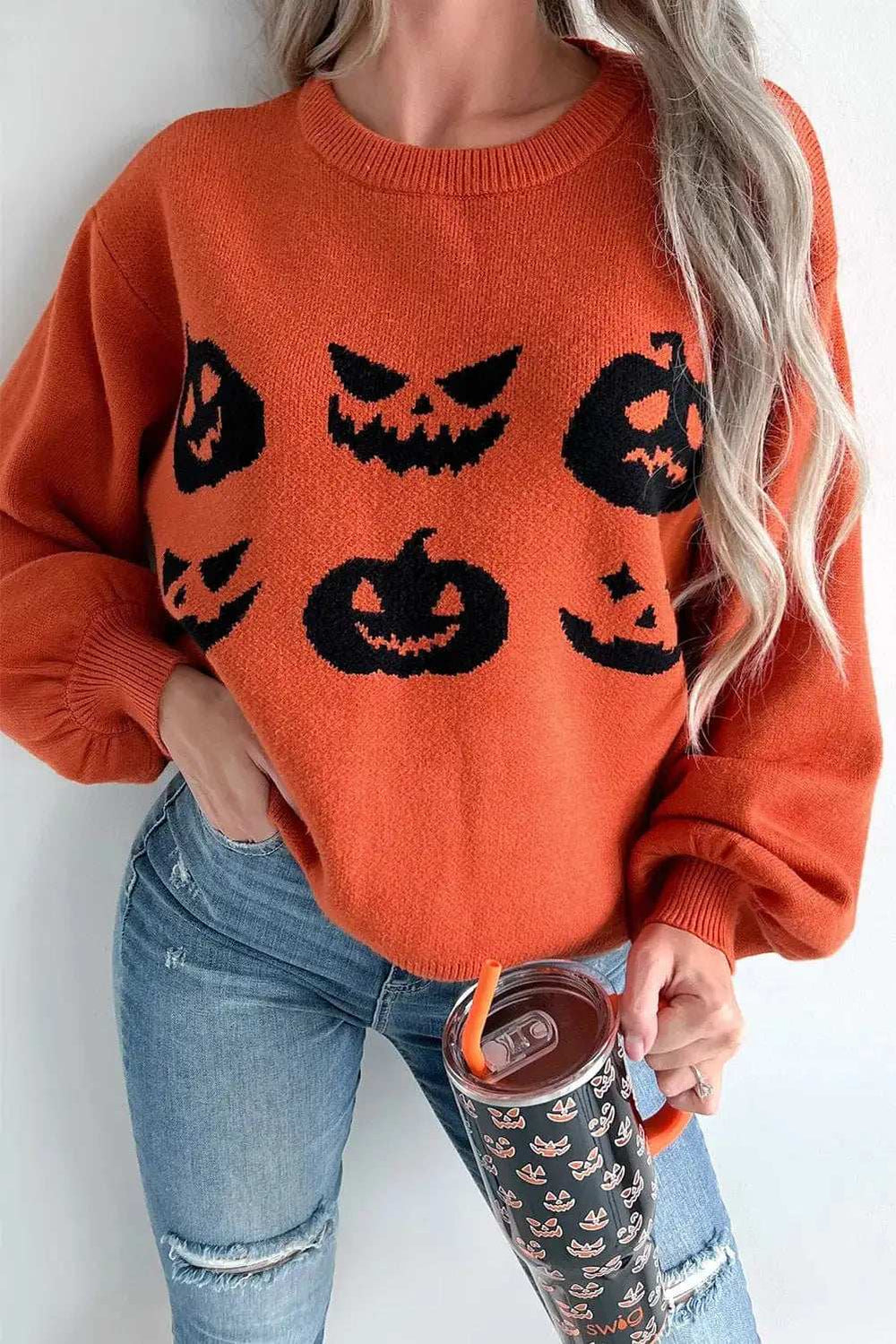 Pumpkin Pattern Round Neck Sweater - Trendsi - Flyclothing LLC
