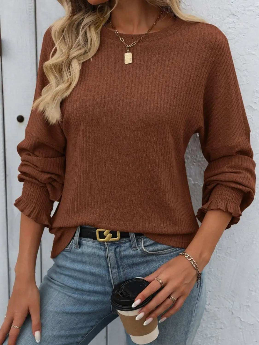 Ribbed Round Neck Long Sleeve T-Shirt - Trendsi - Flyclothing LLC