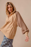 BiBi Half Zip French Terry Hoodie with Kint Sleeves - Trendsi - Flyclothing LLC