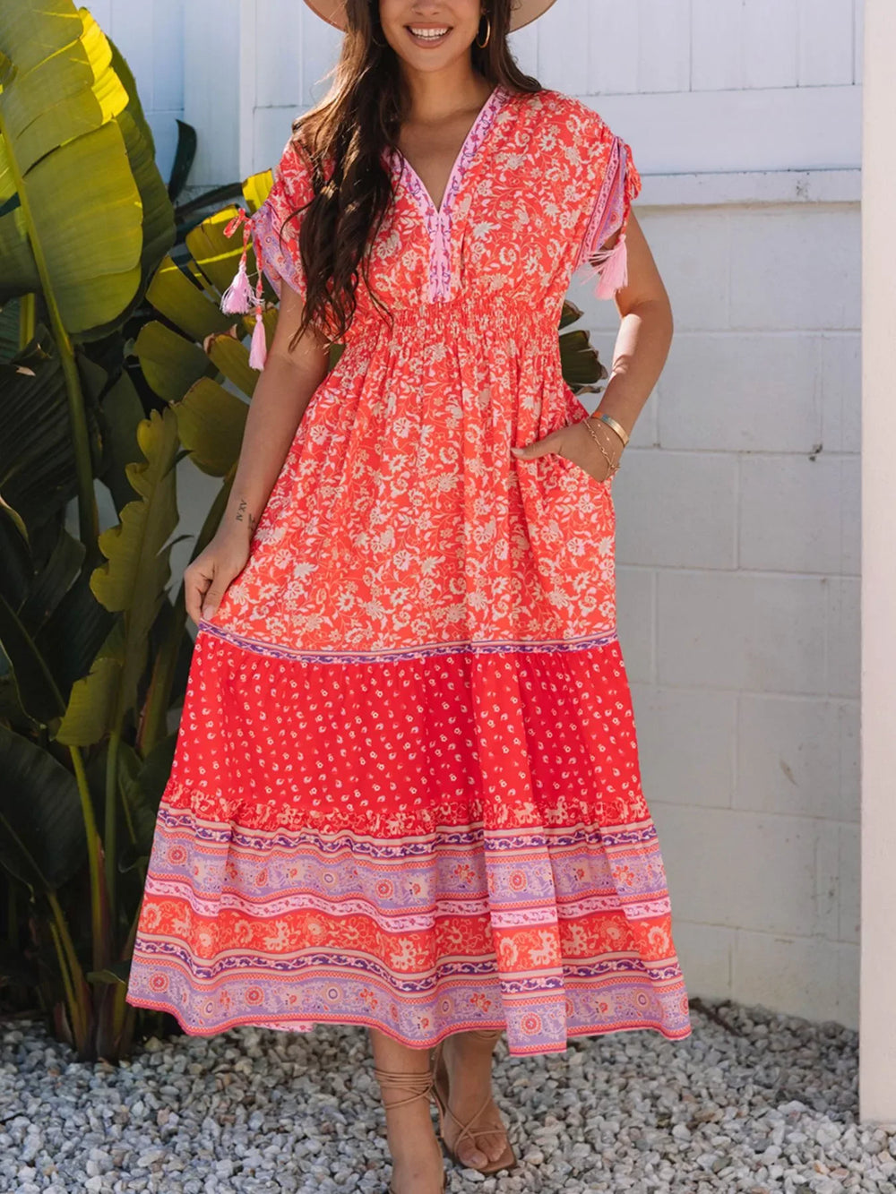 Floral Print Tasseled Tied Sleeve Empire Waist Dress - Trendsi - Flyclothing LLC