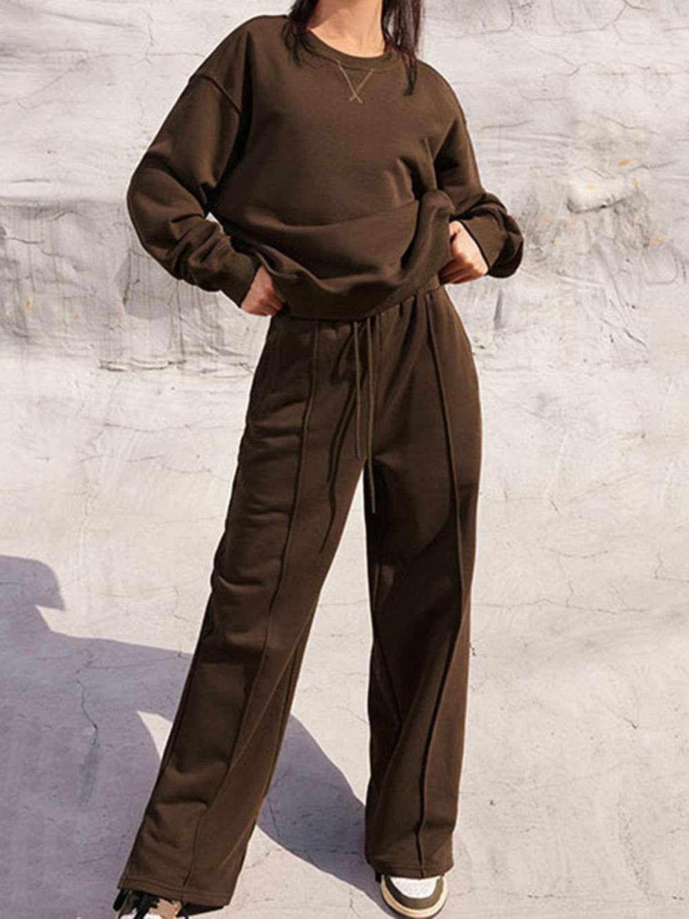 Round Neck Long Sleeve Top and Elastic Waist Pants Set - Trendsi - Flyclothing LLC