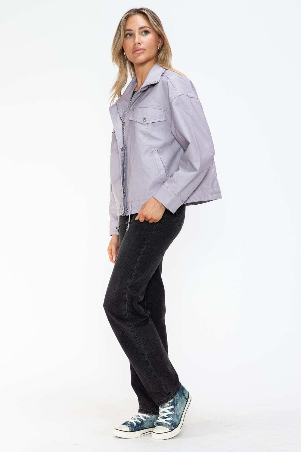 How Dare U Drawstring Hem PU Leather Zip Up Jacket - Trendsi - Flyclothing LLC