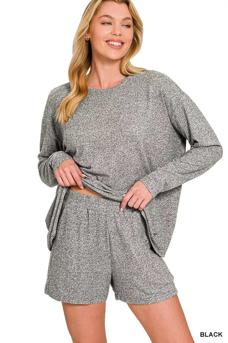 Zenana Soft Melange Long Sleeve Tee and Shorts Set - Trendsi - Flyclothing LLC