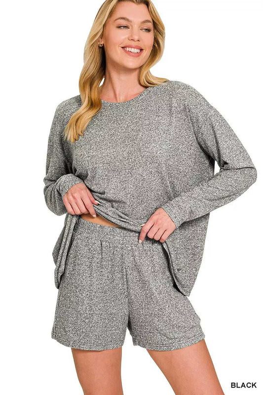 Zenana Soft Melange Long Sleeve Tee and Shorts Set - Trendsi - Flyclothing LLC