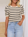 Striped Round Neck Puff Sleeve Knit Top - Trendsi - Flyclothing LLC