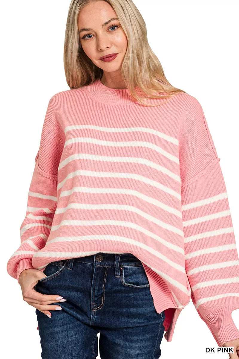 Zenana Exposed Seam Striped Oversized Sweater - Trendsi - Flyclothing LLC