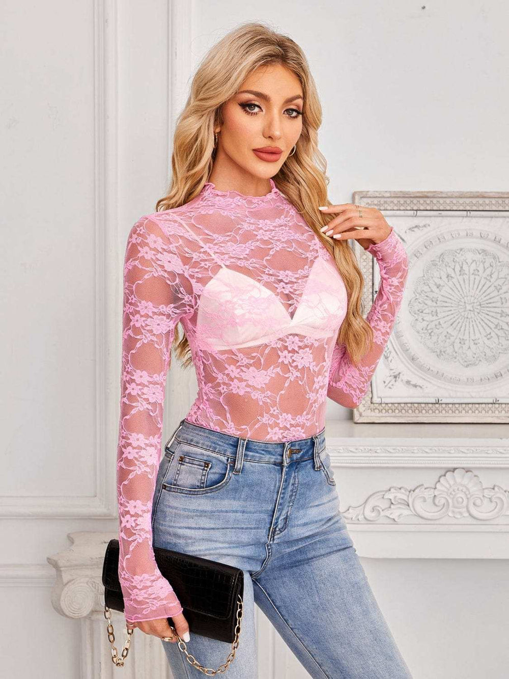 Mock Neck Long Sleeve Lace Sheer Top - Trendsi - Flyclothing LLC