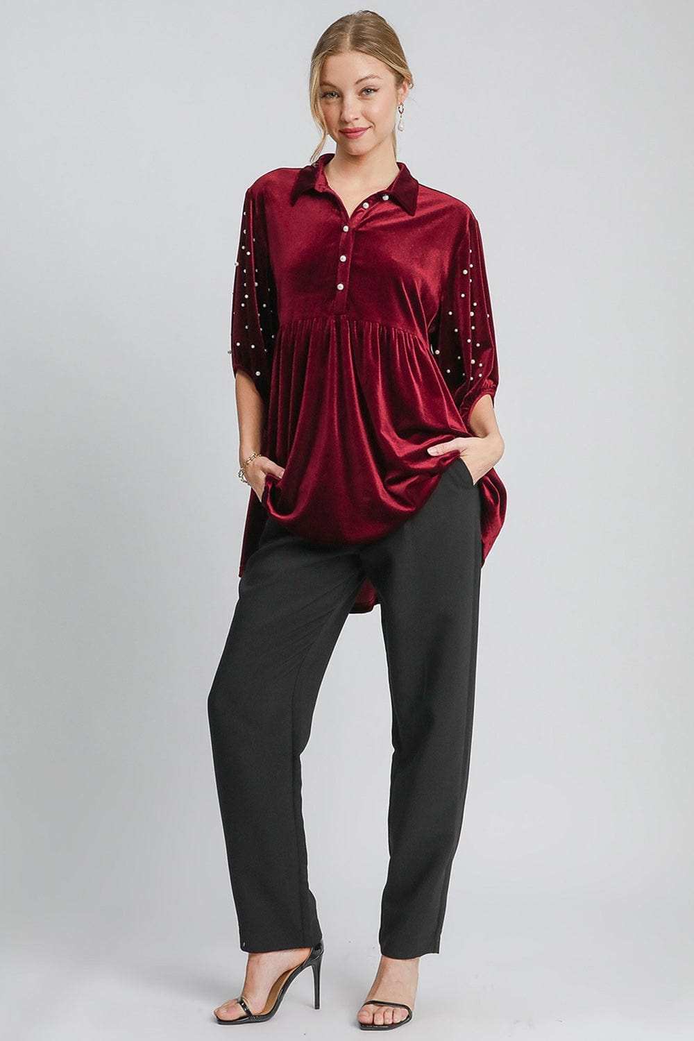 Umgee Pearl Detail Collared Neck Velvet Babydoll Blouse - Trendsi - Flyclothing LLC