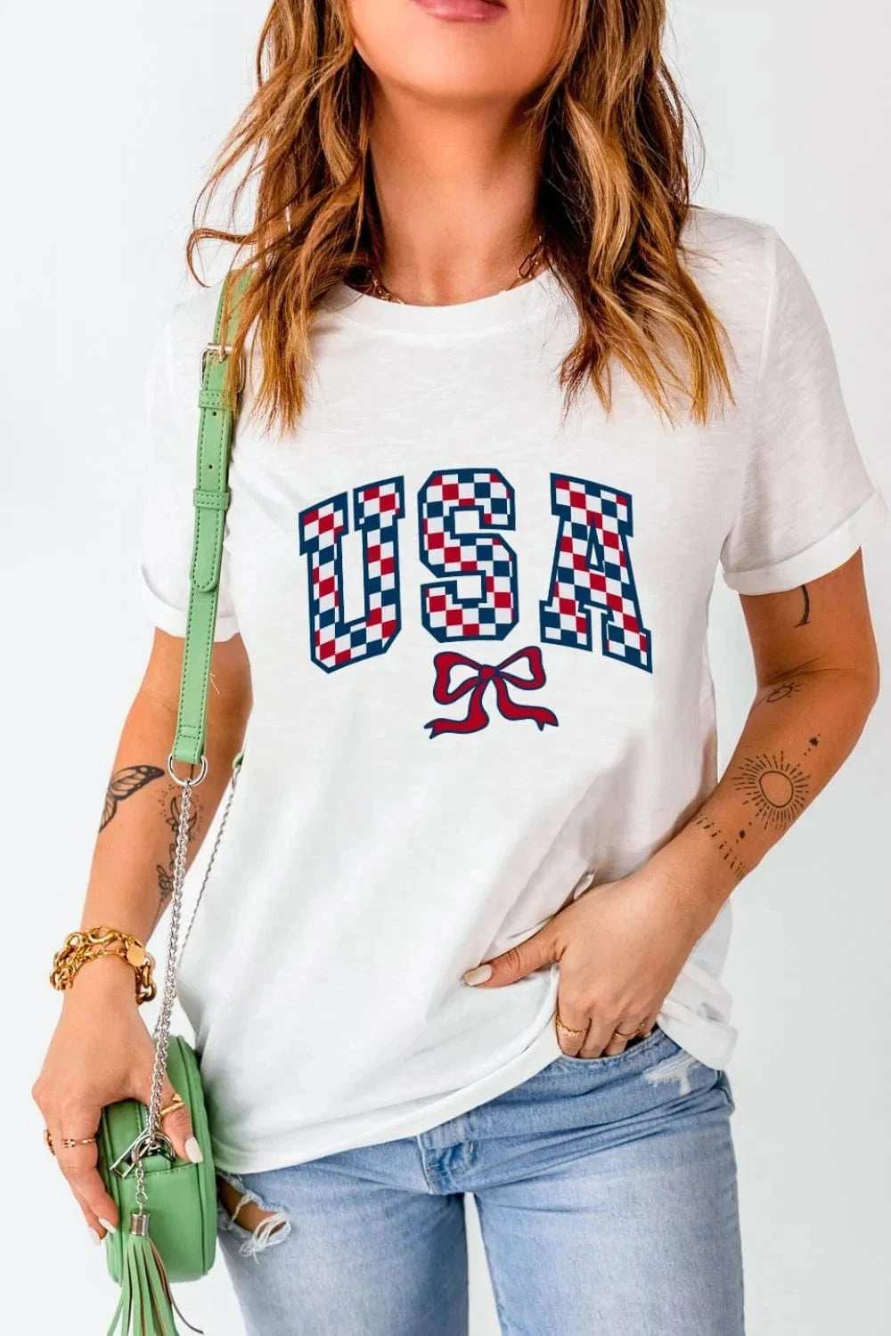 Checkered USA Graphic Round Neck Tee - Trendsi - Flyclothing LLC