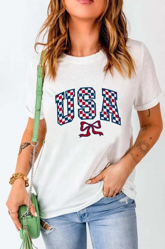 Checkered USA Graphic Round Neck Tee - Trendsi - Flyclothing LLC