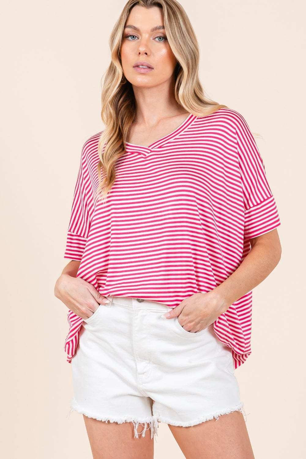 BOMBOM Striped V-Neck T-Shirt - Trendsi - Flyclothing LLC