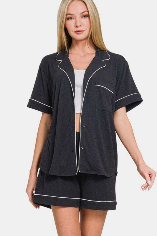 Zenana Button Down Short Sleeve Top and Shorts Lounge Set - Trendsi - Flyclothing LLC