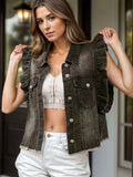 Raw Hem Ruffled Cap Sleeve Denim Jacket - Trendsi - Flyclothing LLC