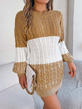 Cable-Knit Round Neck Color Block Sweater Dress - Trendsi - Flyclothing LLC