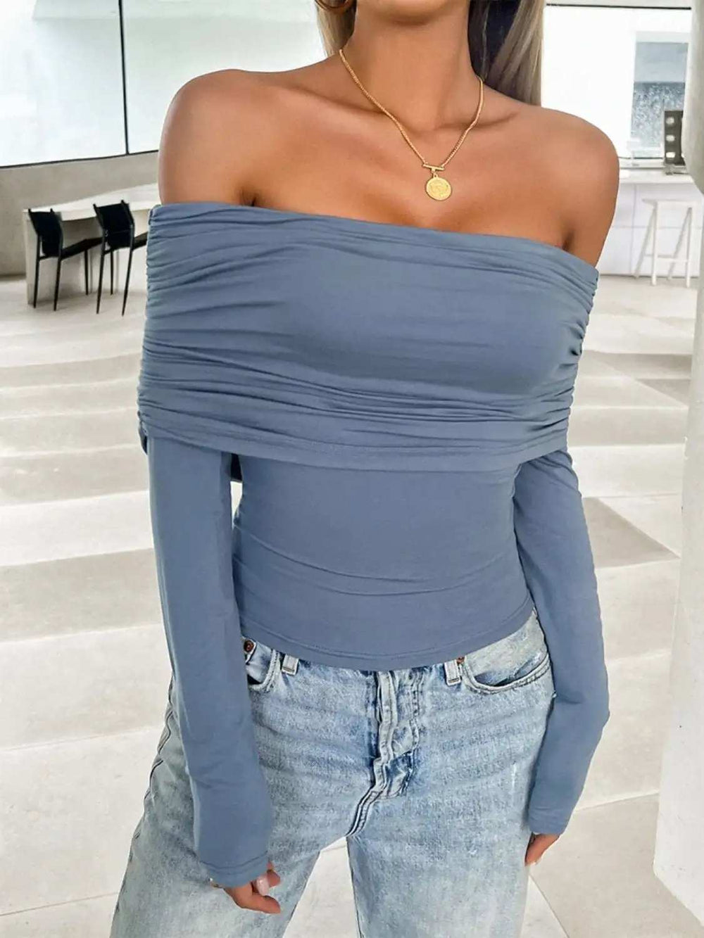 Ruched Off-Shoulder Long Sleeve T-Shirt - Trendsi - Flyclothing LLC