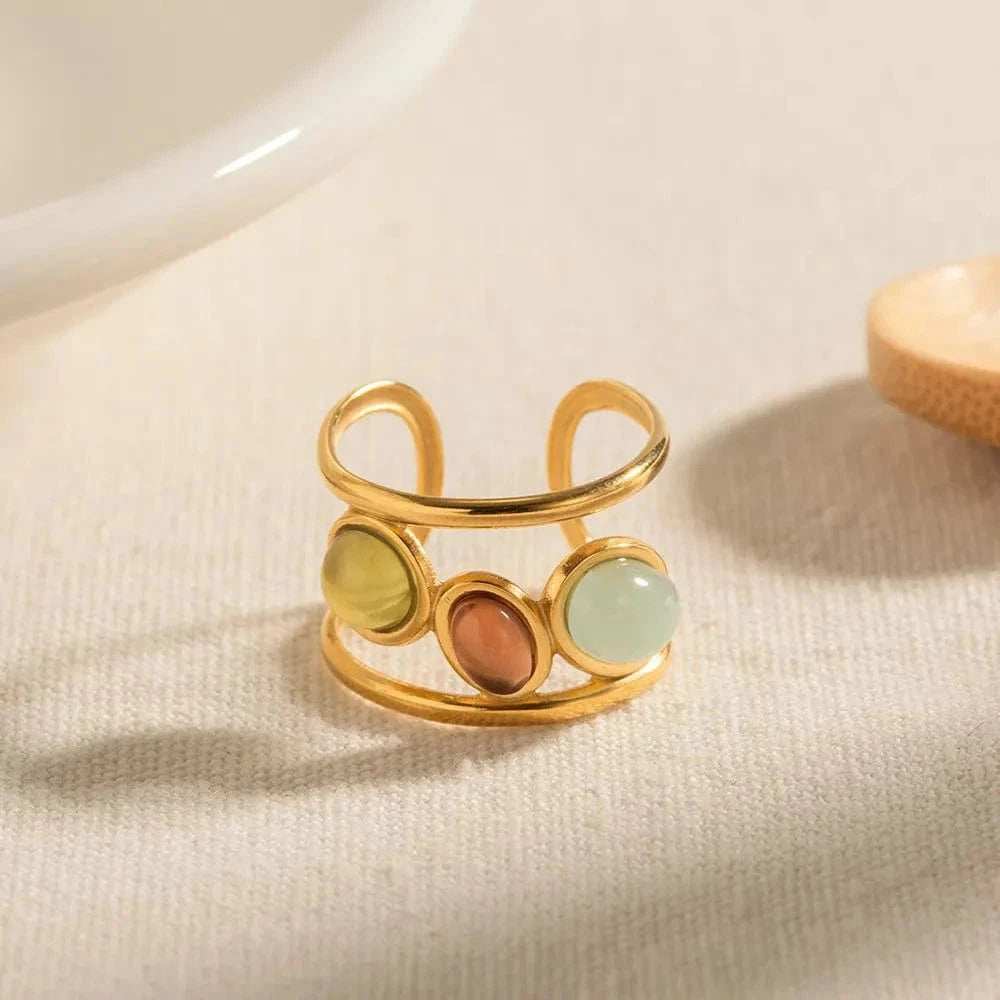 18K Gold-Plated Gemstone Open Cuff Ring - Trendsi - Flyclothing LLC
