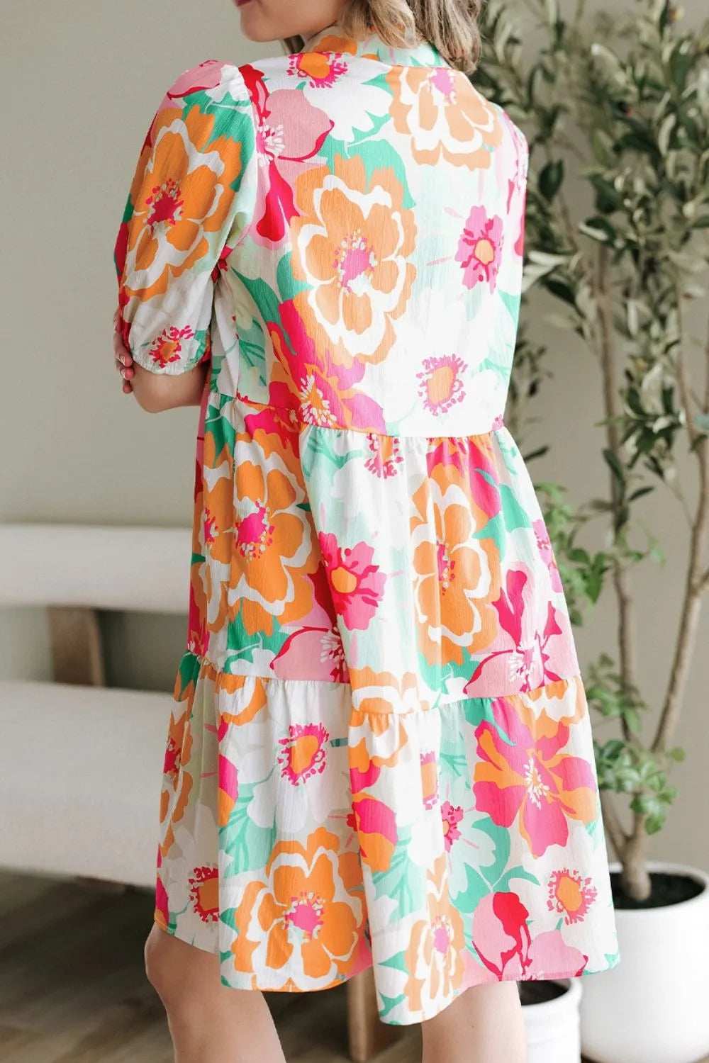 Button Down Floral Puff Sleeve Babydoll Dress - Trendsi - Flyclothing LLC