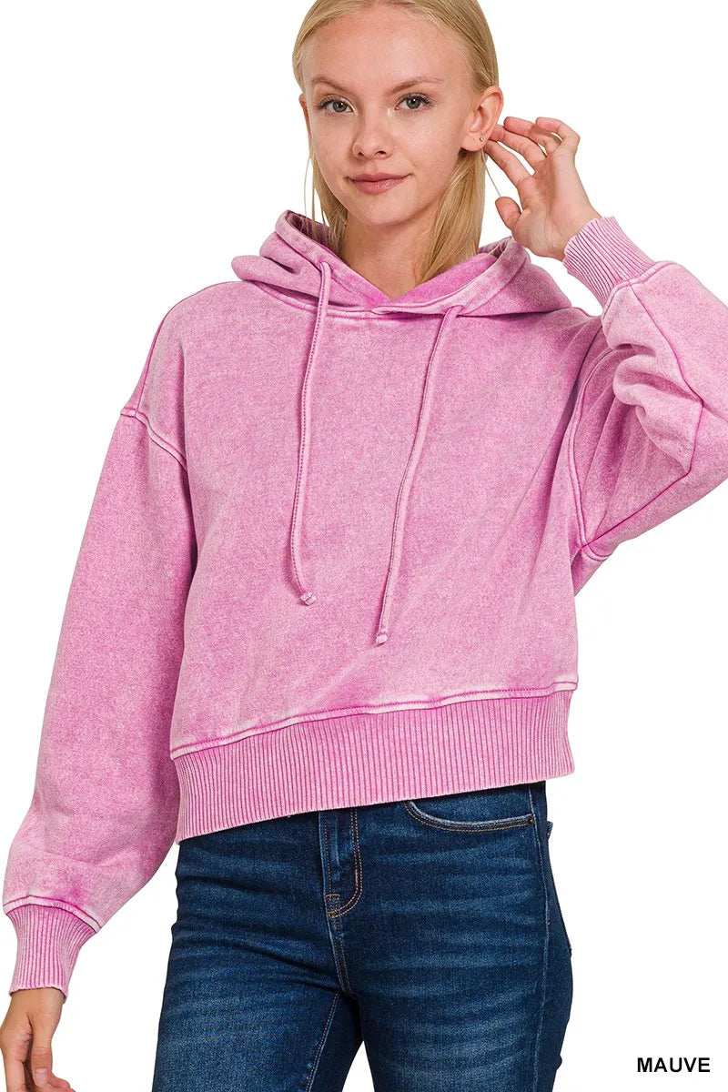 Zenana Acid Wash Fleece Drawstring Cropped Hoodie - Trendsi - Flyclothing LLC